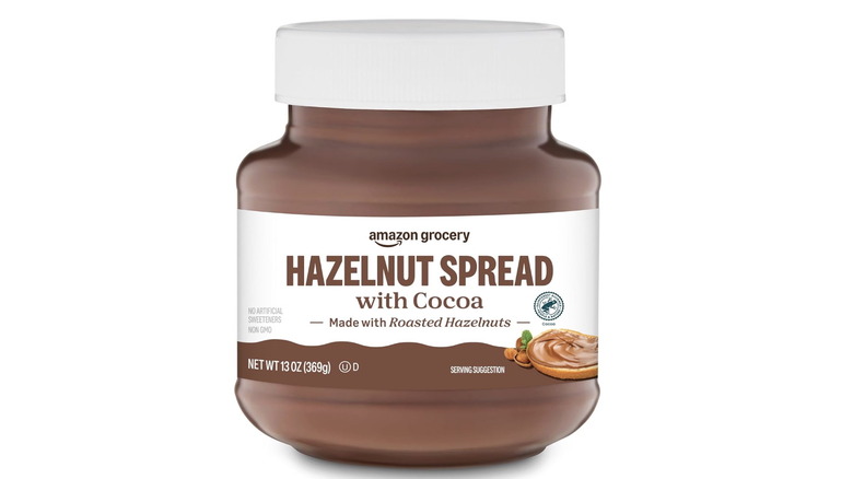 A jar of Amazon grocery hazelnut spread similar to Nutella