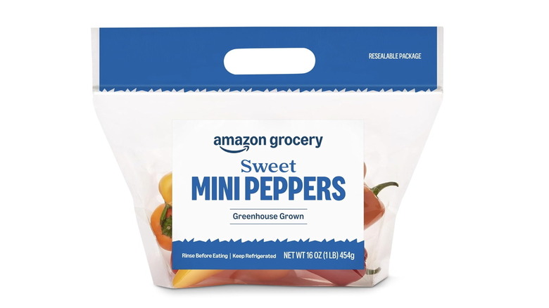 A bag of Amazon Grocery fresh sweet mini peppers