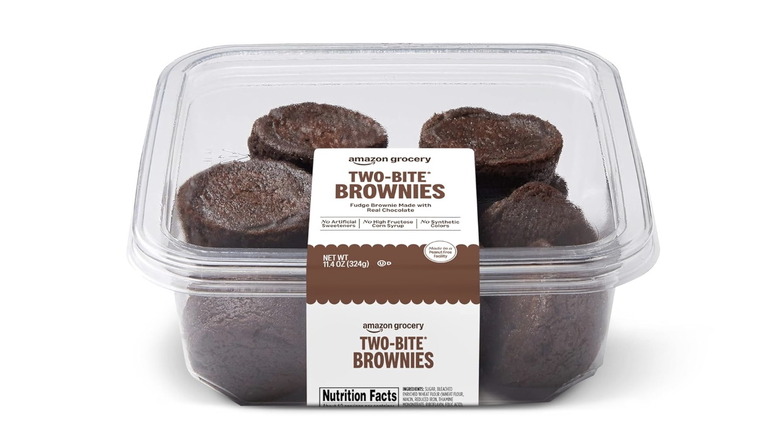 A container of amazon grocery two-bite fudge brownies