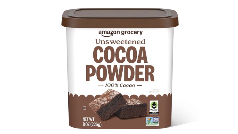 A container of Amazon Grocery brand cocoa powder