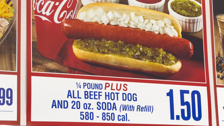 Sign for Costco's hot dog and soda combo at food court