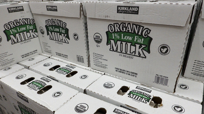 Cases of Kirkland organic low-fat milk