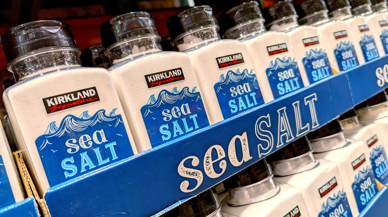 Stock of Kirkland sea salt shelved in blue boxes