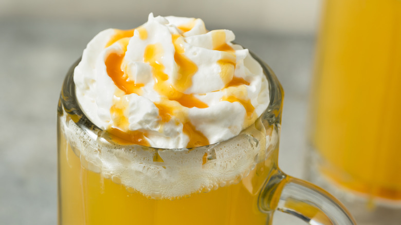 Close-up of a butterscotch drink with whipped cream
