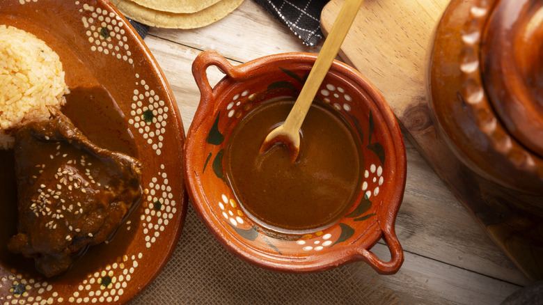Mole Poblano. in a decorative earthenware bowl