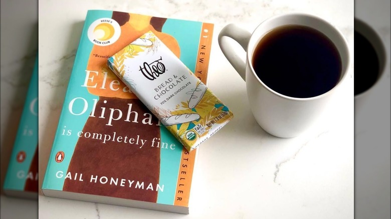 Book, chocolate bar, and cup of coffee from BookBrews box subscription