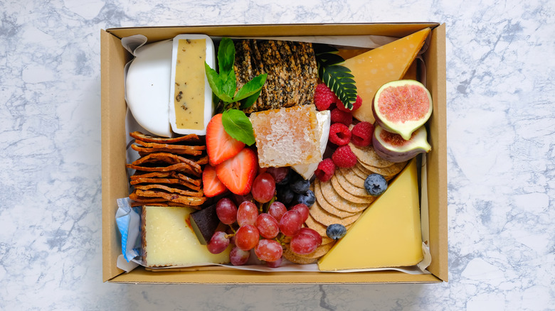 Top view of cheese and charcuterie gift box
