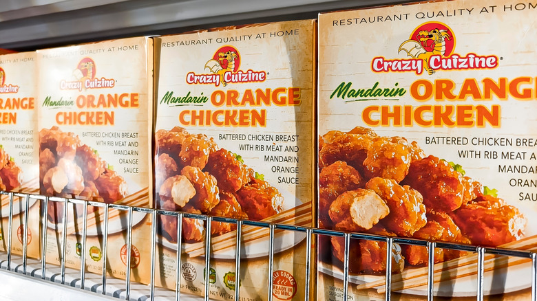 Crazy Cuisine mandarin orange chicken on frozen foods shelf at a supermarket