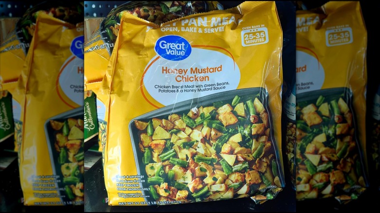Bag of Great Value frozen Honey Mustard Chicken Sheet Pan Meal, mirrored