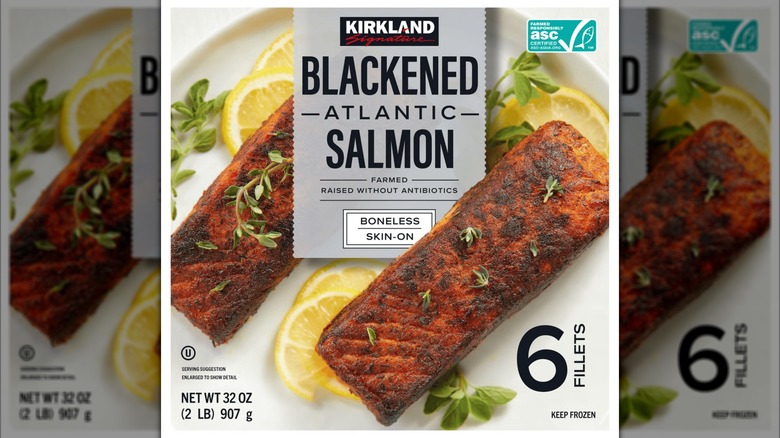 A box of the Kirkland Signature Atlantic Blackened Salmon Filets from Costco