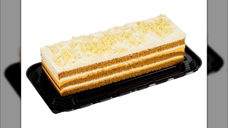 The Kirkland Signature Pumpkin Spice Bar Cake from Costco on a black tray