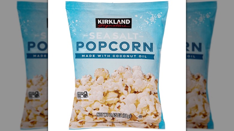 A bag of the Kirkland Signature Sea Salt Popcorn sold at Costco