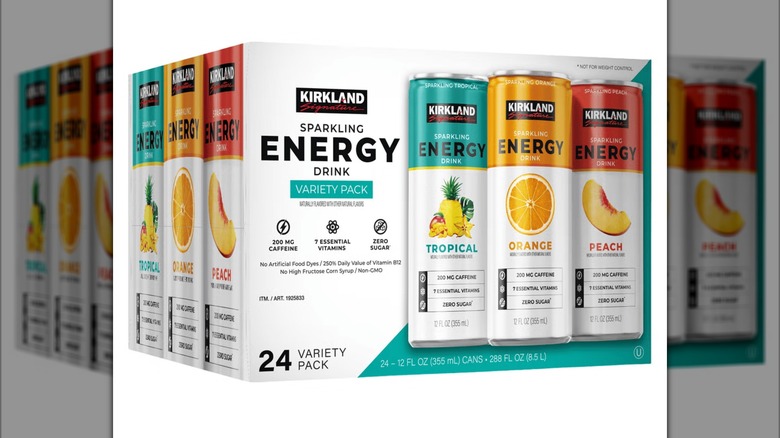 A box of the Kirkland Signature Sparkling Energy Drinks from Costco