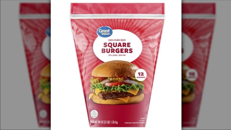 bag of Great Value 100% Pure Beef Square Burgers