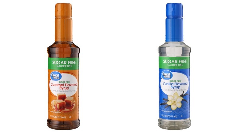 bottles of Caramel and Vanilla Great Value Sugar Free Flavored Syrup