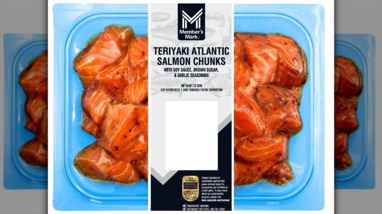 Member's Mark Teriyaki Seasoned Salmon Chunks in blue plastic packaging