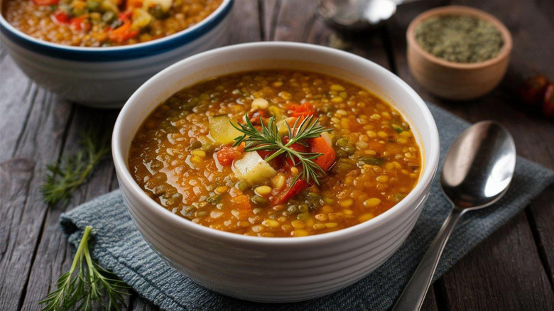 Lentil soup in a white bowl on blue placemat