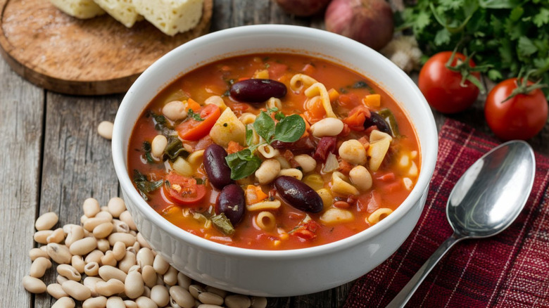 Minestrone soup with black and white beans, pasta, and tomatoes in a white bowl