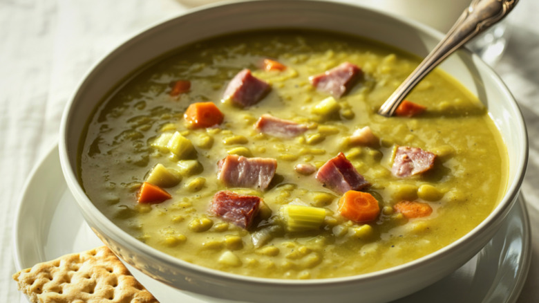 A bowl of split pea and ham soup
