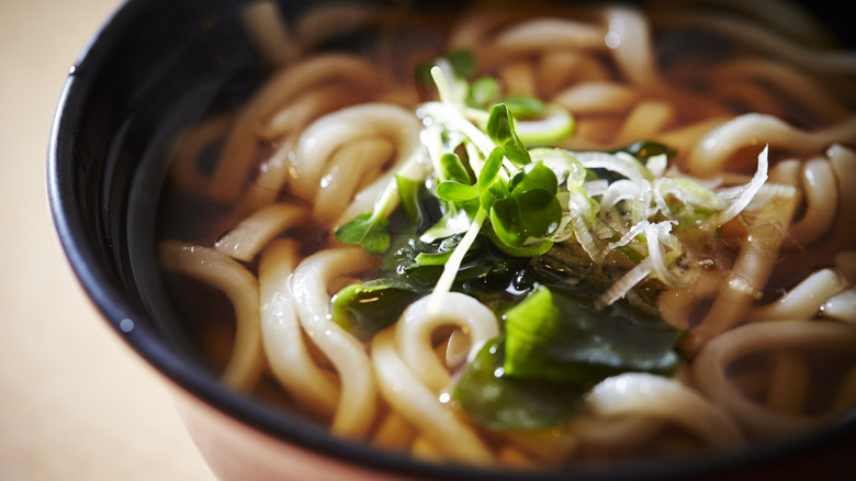 A close-up bowl of udon noodle soup
