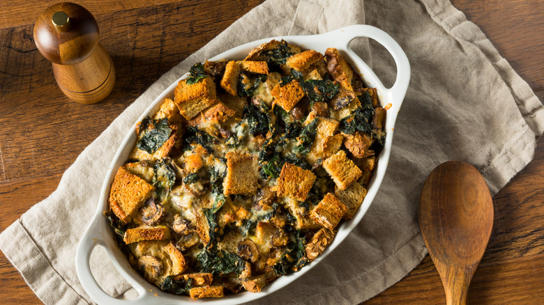 Homemade Savory Bread Pudding with Eggs Cheese and Kale