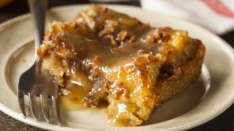 Sweet Homemade Bread Pudding Dessert with Brandy Sauce
