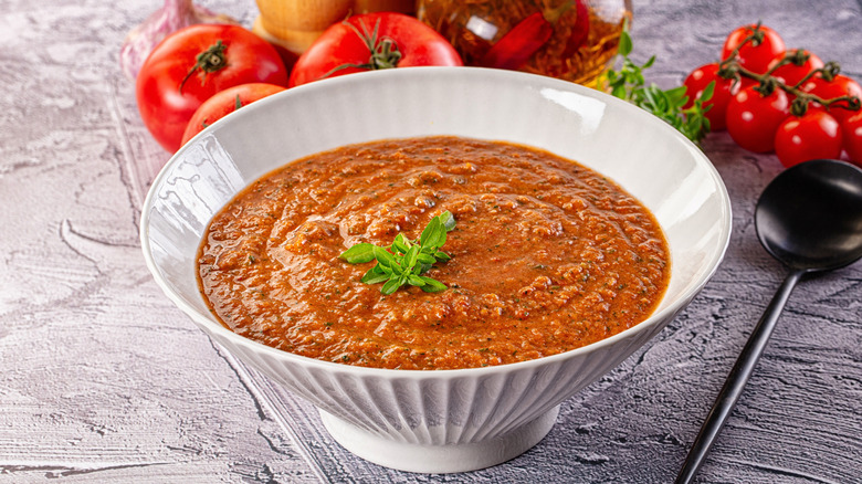 Gazpacho cold Spanish vegetarian tomato soup in bowl