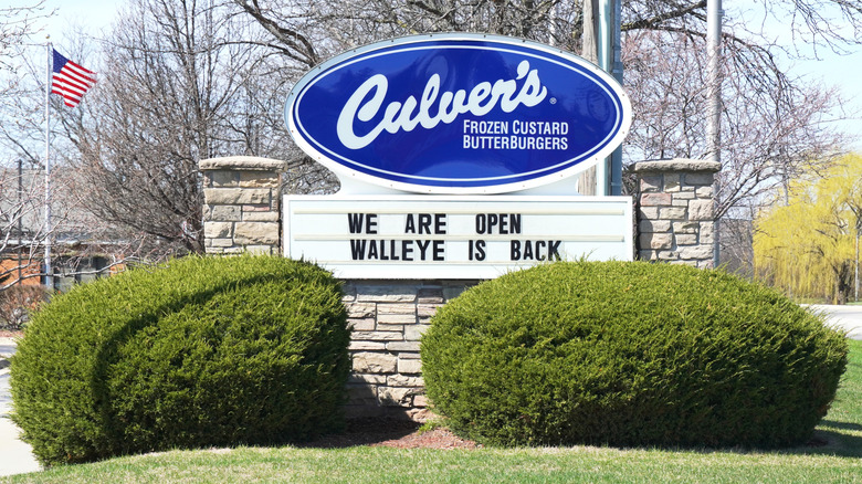 A sign outside a Culver's advertising the Walleye sandwich
