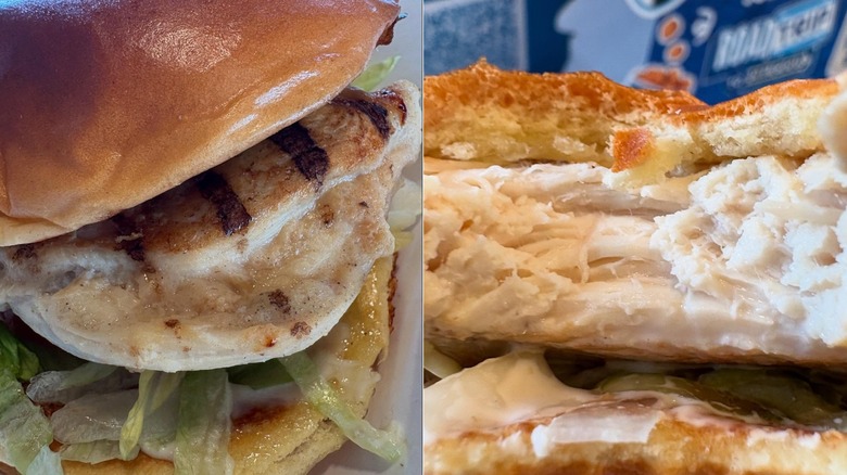 Close-up of Culver's new grilled chicken sandwich, side-by-side whole and eaten