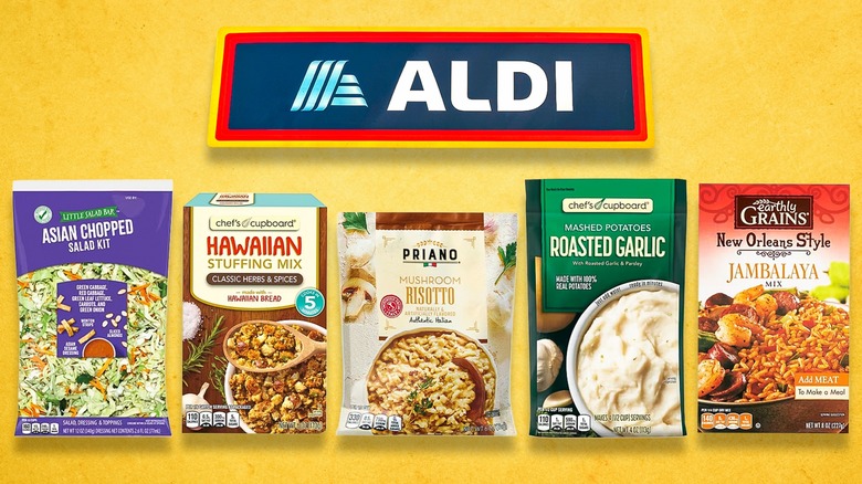 Composite image on yellow background of several Aldi boxed side dishes