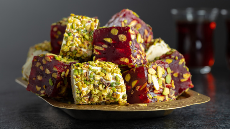 Plate of Turkish delight sweets with pistachios