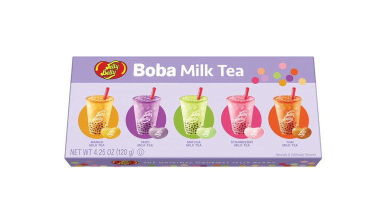 A box of Jelly Belly Boba Milk Tea candies on a white background.