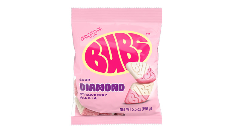 A bag of Bubs strawberry-vanilla diamonds on a white background.
