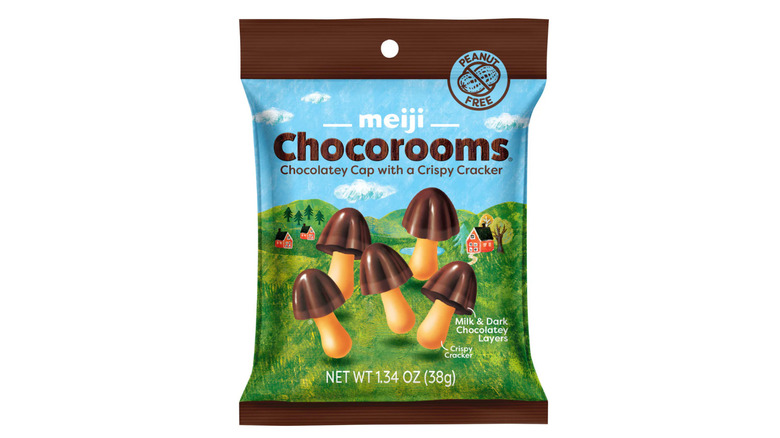 A bag of Meiji Chocorooms candy on a white background.