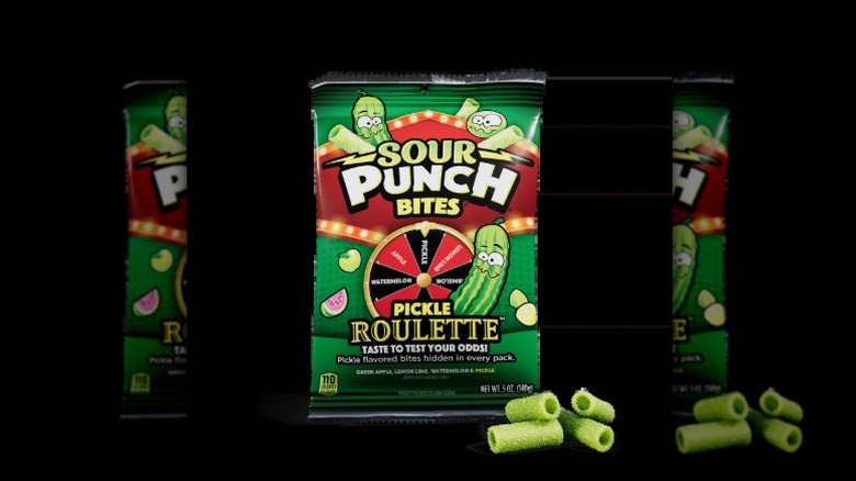 A bag of Sour Punch Bites Pickle Roulette on a black background.