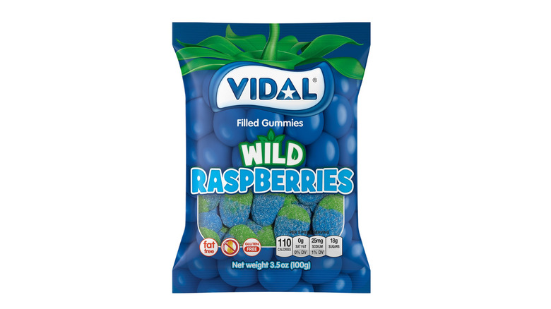A bag of Vidal filled Wild Raspberries gummies on a white background.