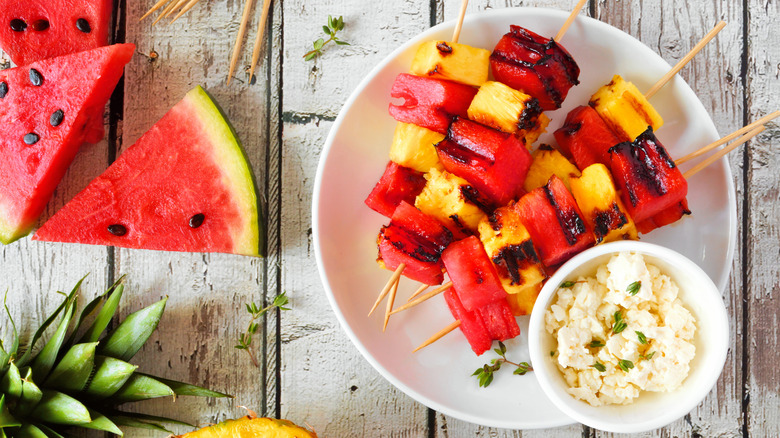 Grilled fruit kebabs with grilled watermelon and pineapple
