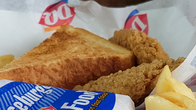 Dairy Queen chicken tenders, French fries, toast, and cheeseburger