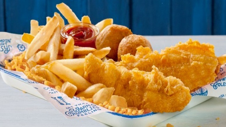 Order of Long John Silver's Chicken Planks with fries and ketchup