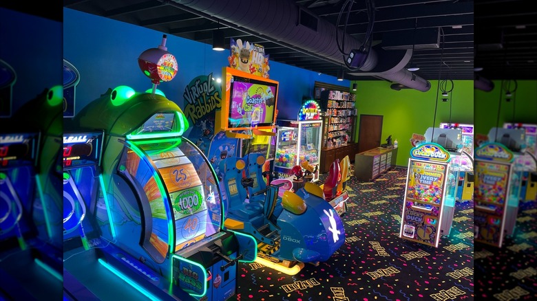 Inside a colorful Pizza Ranch arcade