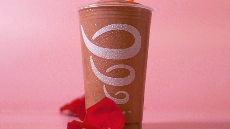 Jamba Juice Chocolate Covered Strawberry Smoothie with pink background