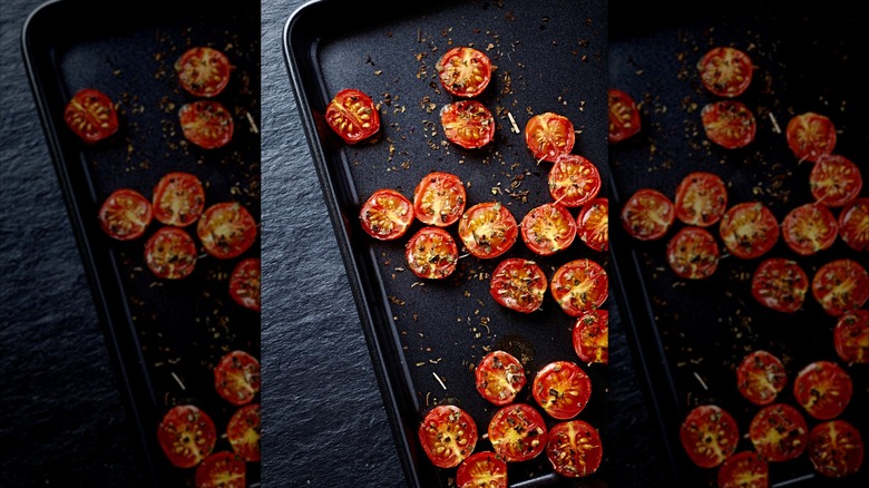 Cherry tomatoes on roasting pan