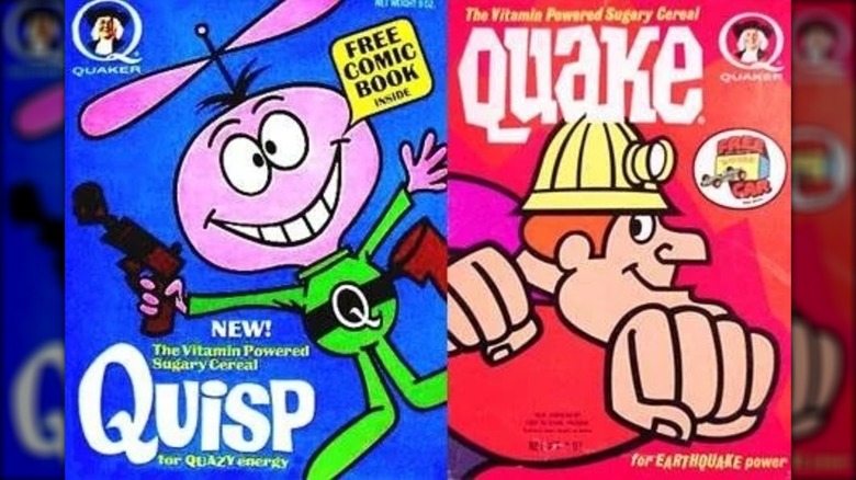A box of Quisp cereal (left), blue box with a smiling cartoon figure who has a pink head with a propeller on it wearing a green suit and holding a gun; a box of Quake cereal (right) that is red with a cartoon figure who is wearing a red shirt and a miner's hat whose hands are in fists