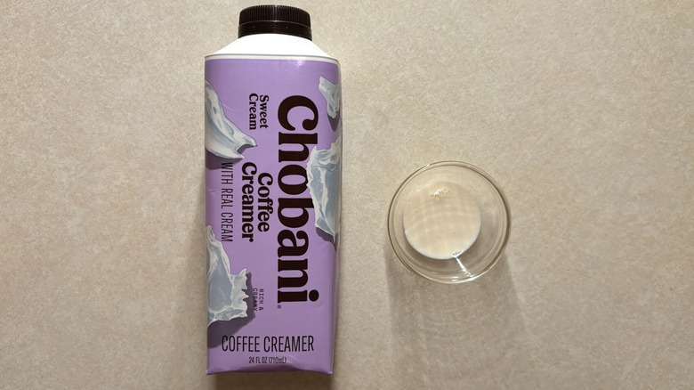 Chobani Sweet Cream Dairy Creamer bottle and creamer in glass ramekin