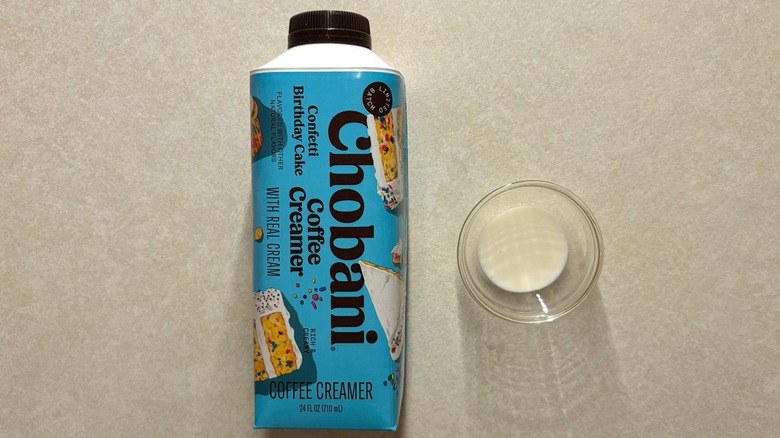 Chobani Birthday Cake Dairy Creamer bottle and creamer in glass ramekin