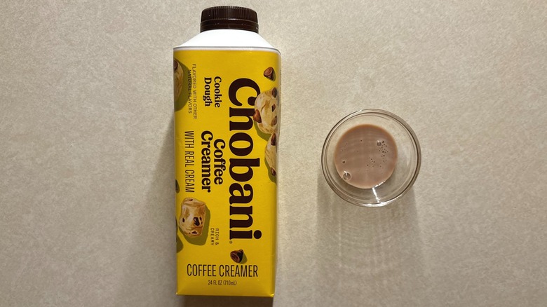 Chobani Cookie Dough Dairy Creamer bottle and creamer in glass ramekin