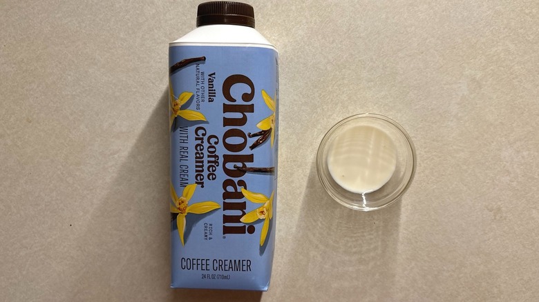 Chobani Vanilla Dairy Creamer bottle and creamer in glass ramekin