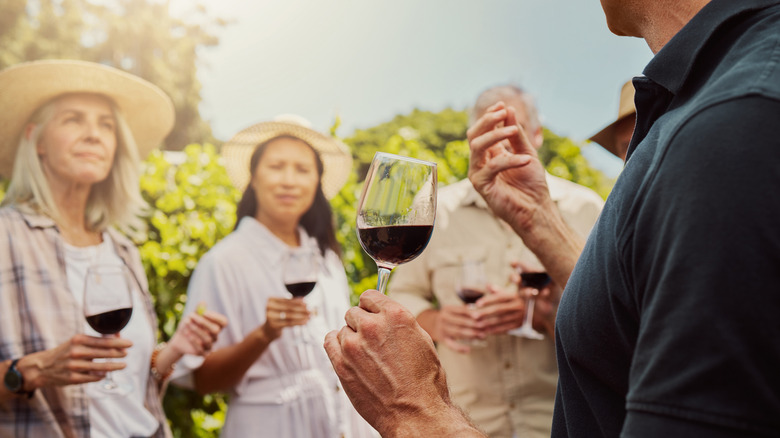 Group attending a wine tasting in vineyard