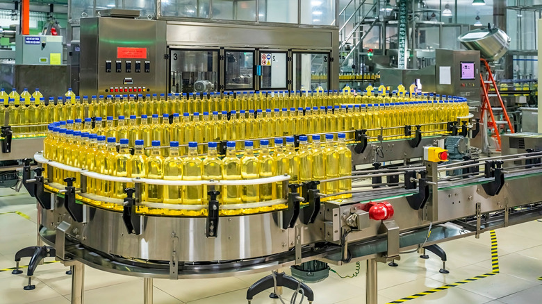Bottles of oil in factory