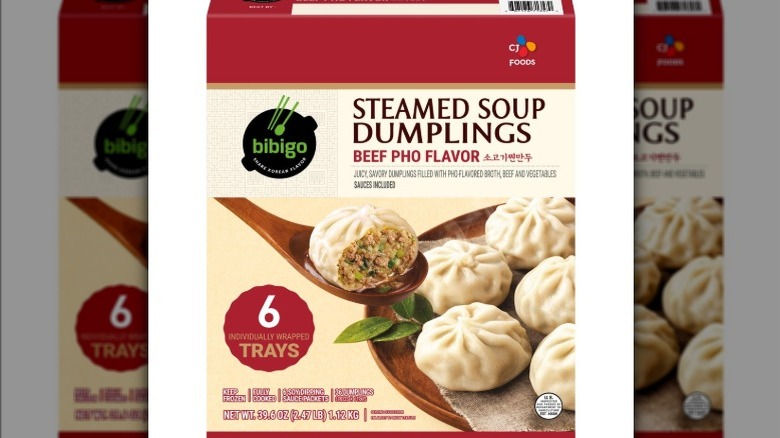 A snapshot of a box of bibigo steamed soup dumplings, beef pho flavor.